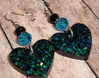 Black Glitter Hearts - Resin Statement Earrings