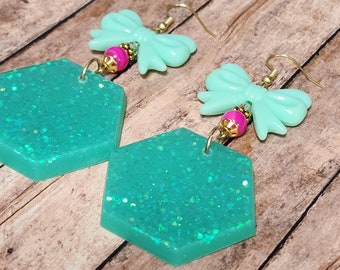 Turquoise Glitter Hexagons - Resin Statement Earrings