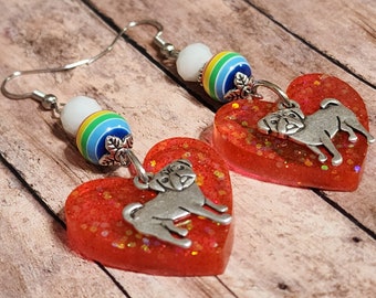 Silver Pug Glitter Hearts - Resin Statement Earrings