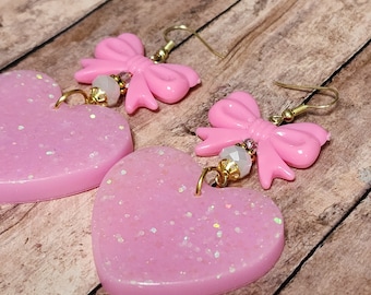 Pink Glitter Hearts - Resin Statement Earrings - Bows - Beaded - Valentine's Day