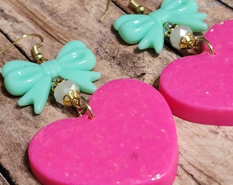 Hot Pink Glitter Hearts - Resin Statement Earrings - Bows - Beaded