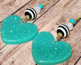 Turquoise Glitter Hearts - Resin Statement Earrings