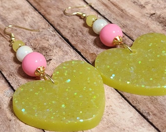 Green Glitter Hearts - Beaded Resin Statement Earrings