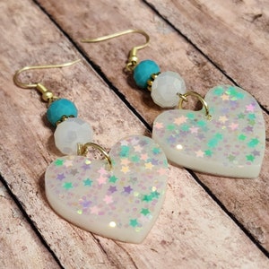 White Glitter Confetti Hearts - Resin Statement Earrings