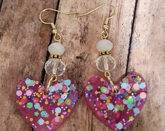 Purple Confetti Glitter Hearts - Resin Statement Earrings  - Beaded