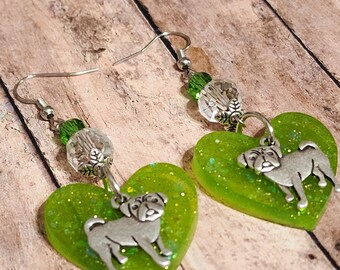 Silver Pug Glitter Hearts - Resin Statement Earrings