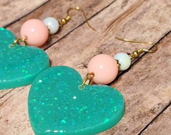 Turquoise Glitter Hearts - Resin Statement Earrings