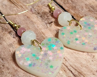 White Glitter Hearts - Resin Statement Earrings