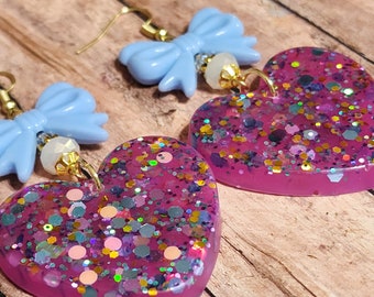 Purple Confetti Glitter Hearts - Resin Statement Earrings - Bows - Beaded