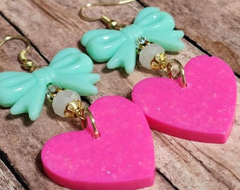 Hot Pink Glitter Hearts - Resin Statement Earrings - Bows - Beaded