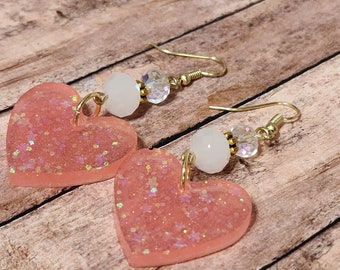 Pastel Pink Glitter Hearts - Beaded Resin Statement Earrings