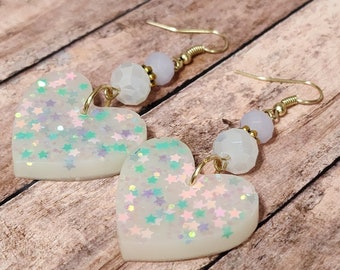 White Glitter Confetti Hearts - Resin Statement Earrings