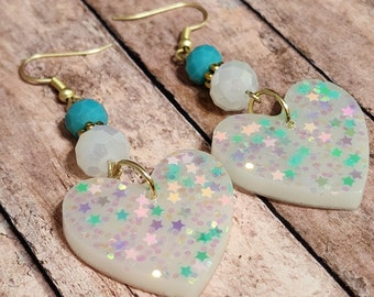 White Glitter Confetti Hearts - Resin Statement Earrings