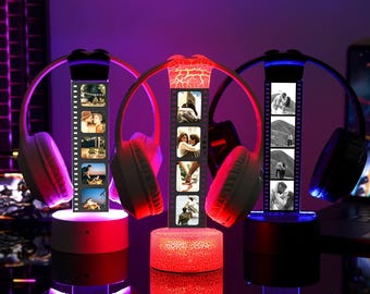 Gepersonaliseerde led-koptelefoonstandaard met verlichting, aangepaste RGB-headsethouder, hoofdtelefoondisplay met foto's, cadeau voor vriend of tiener gamer