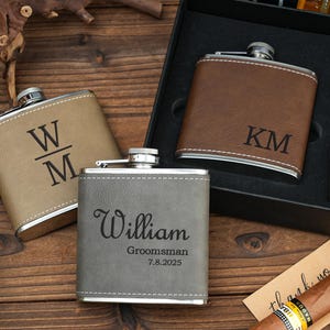Frasco grabado personalizado, frasco personalizado para hombres, frasco de cuero, regalos de frasco para padrinos de boda, regalos personalizados para despedidas de soltero, regalos de propuesta para padrinos de boda