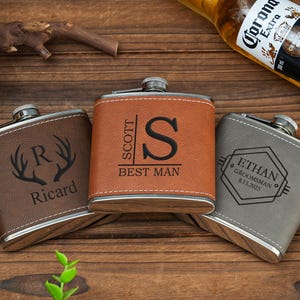 Frasco personalizado para hombres, frasco grabado personalizado, frasco de cuero, regalos de frasco para padrinos de boda, regalos personalizados para despedidas de soltero, regalos de propuesta para padrinos de boda