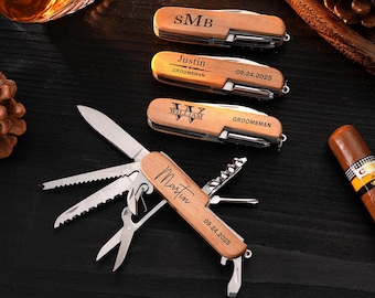 Personalized Multi Pocket Tool, Custom Multi-tool Wine Opener, Groomsmen Gifts, Engraved Folding Knife with Wooden Hand, Custom Wedding Gift