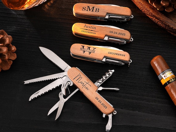 A handcrafted, laser-engraved multi-tool with wooden handle — wine opener, folding knife, and more in one personalized package that actually looks like an heirloom.