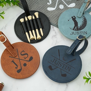 Étiquette de sac de golf personnalisée, étiquette de sac de golf gravée, étiquette de sac de golf en cuir personnalisée avec tés, cadeaux de golf pour hommes, accessoires de golf, cadeau garçon d'honneur