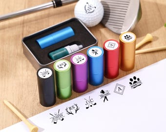 パーソナライズされたゴルフボールスタンプ、カスタムゴルフボールスタンプ（ボックス付き）、ゴルフマーカーギフト、ゴルフ愛好家へのギフト、男性用ゴルフアクセサリー、父の日ギフト