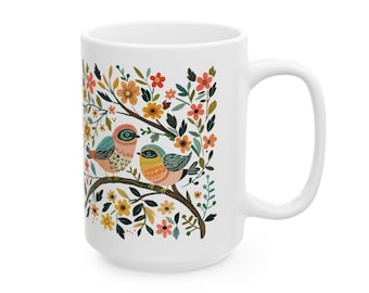 Vogel-Blumen-Becher, Natur-inspirierte Keramik-Kaffeetasse, Botanischer Kunstdruck, niedliches Vogel-Design, Blumenmuster