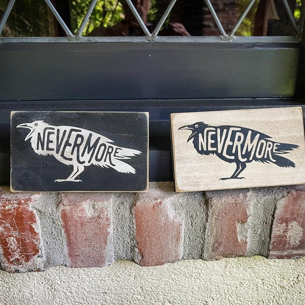 Nevermore Raven, Poe, solid wood and paint art sign hand crafted for witches pagans custom colors, rustic aging, unique spooky gothic decor