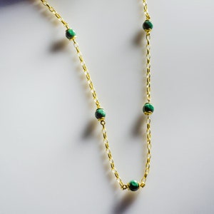 Malachite Dainty Natural Gemstone Necklace , Handmade 925 Sterling Silver, Yellow Gold Plated Chain, Malachite Necklace for Christmas Gifts