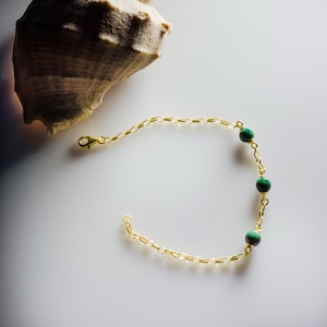 Malachite Dainty Natural Gemstone Bracelet , Handmade 925 Sterling Silver, Yellow Gold Plated Chain, Malachite Bracelet for Christmas Gifts