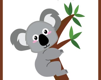 Può includere: Un libro da colorare e scrivere per bambini con un bordo marrone. La copertina presenta un koala dei cartoni animati aggrappato a un ramo d'albero con foglie verdi. Il testo recita "AUSTRALIAN ANIMALS (A-Z)" e "COLOURING AND WRITING BOOK".