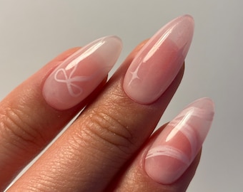 pink coquette blush nail / aura nails / white ribbon nails / custom press on nails / handmade press on nails / gel nails