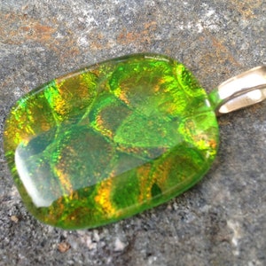 Fused Dichroic Art Glass Jewelry Necklace Pendant Green Copper Color = FREE Shipping