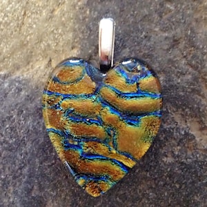 Heart Shape Fused Dichroic Art Glass Jewelry Pendant Copper Gold and Blue FREE SHIPPING image 1