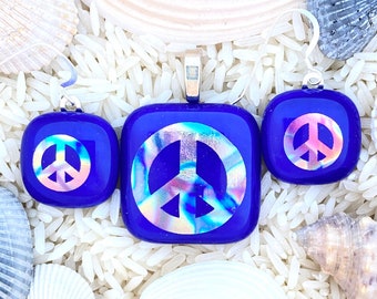 Fused Dichroic Art Glass Jewelry Set Blue Multi Color Peace Sign Dangle Earrings Necklace Pendant Handmade