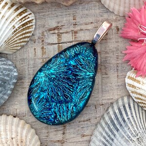 Fused Dichroic Art Glass Jewelry Teardrop Pendant Blue Starburst Handmade FREE Shipping