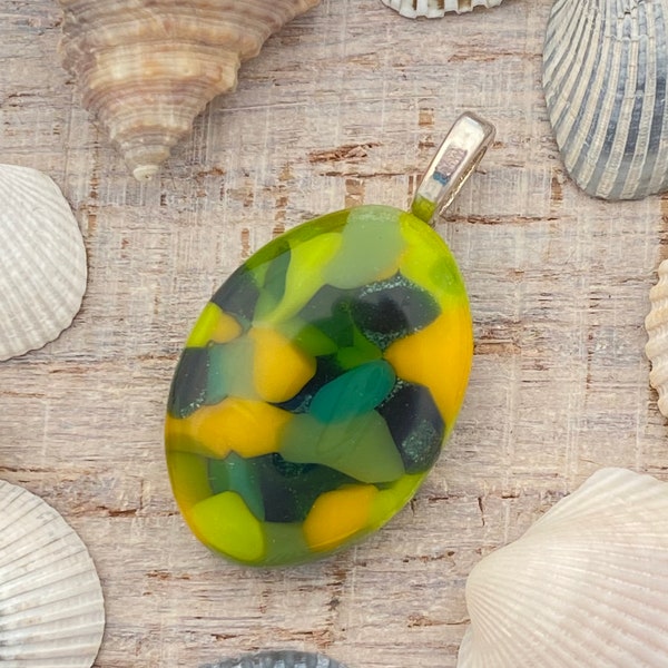 Green Multi Color Fused Dichroic Art Glass Jewelry Necklace Pendant Handmade FREE shipping