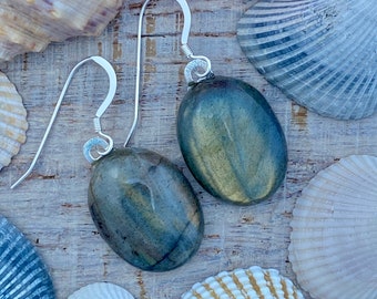 Labradorite Gemstone Earrings: Sterling Silver Oval Dangle Drop