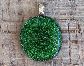 Fused Dichroic Art Glass Pendant - Emerald Green Handmade Art Glass Jewelry  Free Shipping
