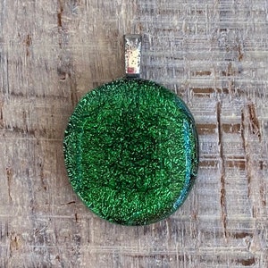 Fused Dichroic Art Glass Pendant - Emerald Green Handmade Art Glass Jewelry  Free Shipping