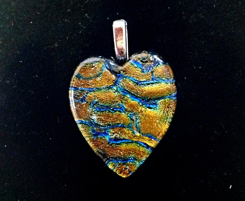 Heart Shape Fused Dichroic Art Glass Jewelry Pendant Copper Gold and Blue FREE SHIPPING image 5