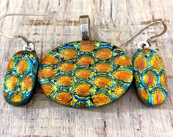 Orange Red Fused Dichroic Art Glass Jewelry Necklace Pendant Earrings Matching Set FREE shipping
