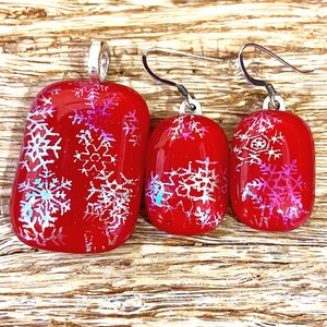 Dichroic Glass Jewelry Set: Red Snowflake Pendant Earrings, Sterling Silver