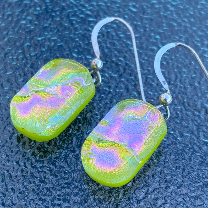 s Earrings Fused Dichroic Art Glass Jewelry Pink Blue Green Dangle Sterling Silver FREE shipping
