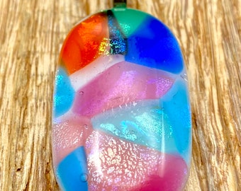 White Multi Color Fused Dichroic Art Glass Necklace Pendant Jewelry  Handmade FREE Shipping