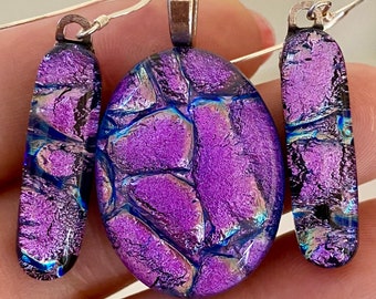 Purple Blue Fused Dichroic Glass Jewelry Set Dangle Drop Earrings Necklace Pendant - Handmade  FREE Shipping