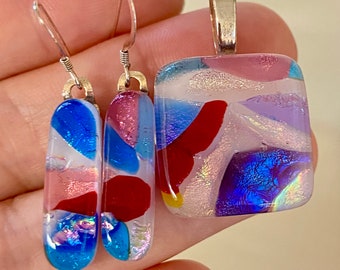 Multi color Handmade Fused Dichroic Glass Jewelry Matching Earrings Pendant Set FREE SHIPPING   (s)