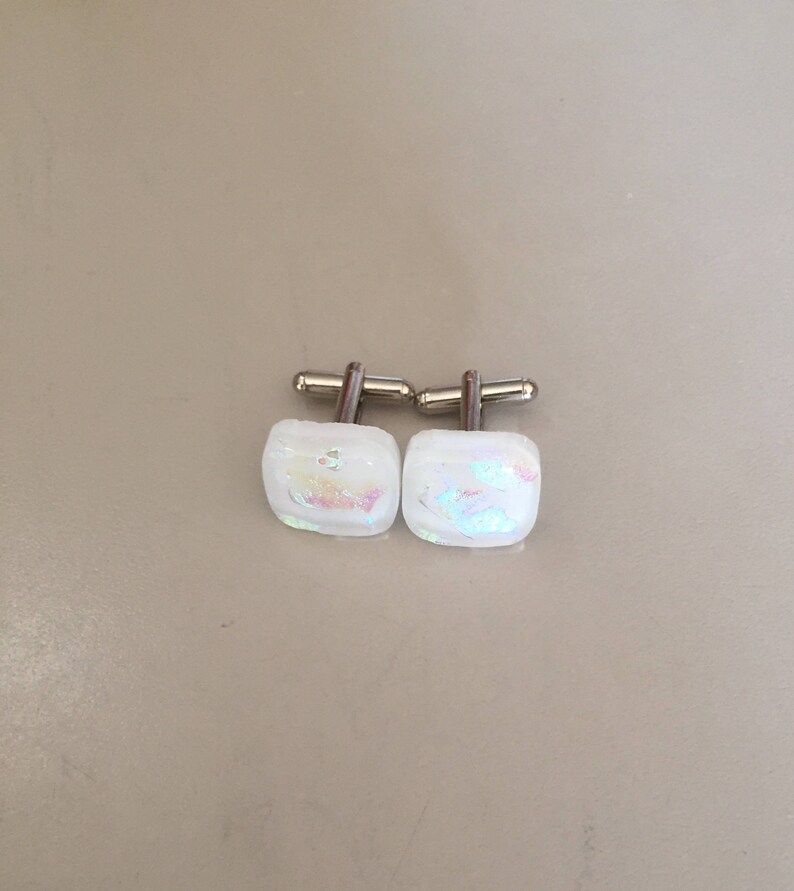Cuff Links with Handmade White Multi color Fused Dichroic Glass Bead FREE Shipping