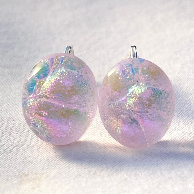 Pink Fused Dichroic Art Glass Jewelry Clip On Earrings Handmade FREE shipping S