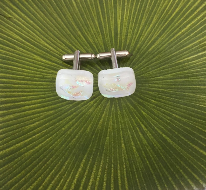 Cuff Links with Handmade White Multi color Fused Dichroic Glass Bead FREE Shipping