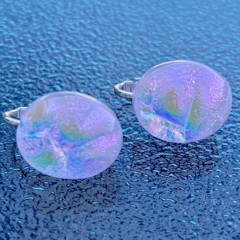 Pink Fused Dichroic Art Glass Jewelry Clip On Earrings Handmade FREE shipping S