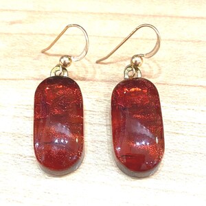Fused Dichroic Art Glass Jewelry Dangle Drop Earrings - Orange red Handmade FREE shipping